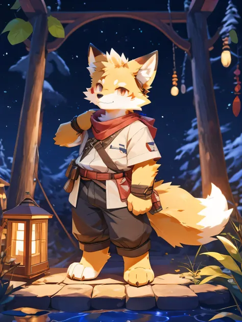 nj5furry，kemono，full-length portrait，anthro，hi res，male，fox，strong，Adventurer，Fluffy hair，Plush paw，A tail，Delicate eyes，Detailed eyes