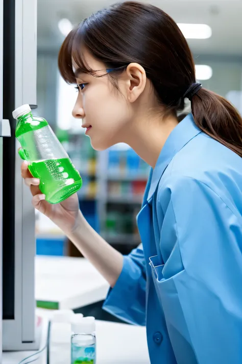 female scientist holding laboratory bottle, from side view