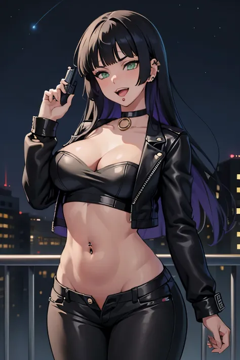 pa-san, blunt bangs, choker, colored inner hair, black hair, purple hair, green eyes , Hot girl, baddie, staring, glaring, bad attitude, mean girl, dare, angry, hate, crazy, smoking, sensual, attractive, outdoors, rooftop, cityscape, building, railing, nig...