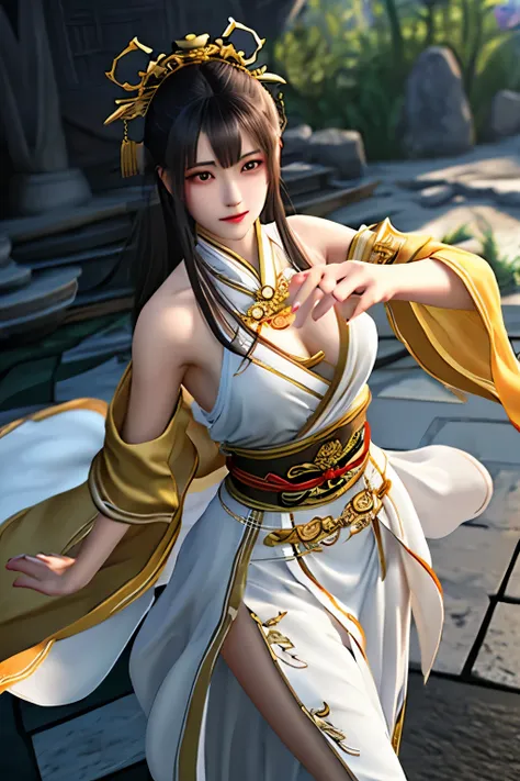 ((best quality)), ((masterpiece)), (detailed), 1 Girl, Xianxia World，Professional female mage，Martial arts action，Xianxia game characters，Gorgeous clothing，Jian Wang 3 The girl in the robe，whole body，Characters from the game，Bare shoulders，Showing thighs，P...