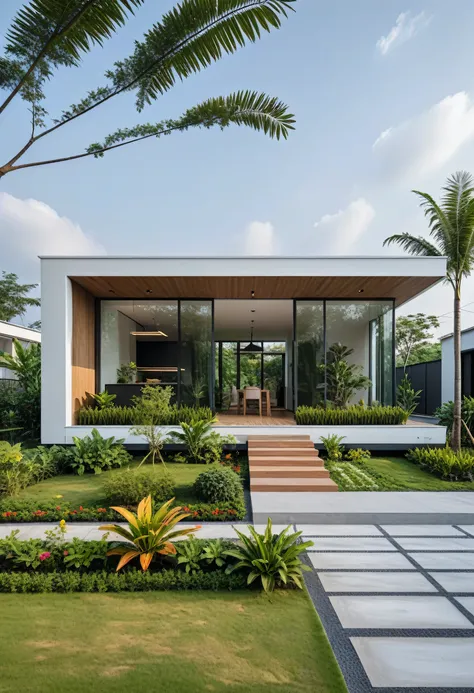 A hyper-realistic , a modern one-story house with a minimalist design, (very small house: 1.2) ,((with a facade less than 4 meters wide:1.2)), white and glass materials, wood, The house has a flat roof, large floor-to-ceiling glass windows, The garden inc...
