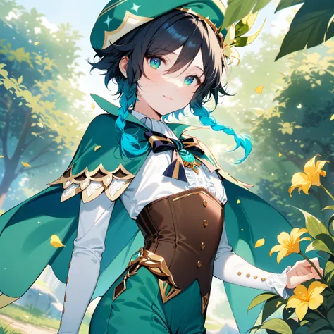 (best quality,4k,8k,highres,masterpiece:1.2),1boy,venti genshin impact,male focus,flat chest,ultra-detailed,realistic:.5,(dsmile:0.5),morning of spring,delicate light rays,rich color palette,elegant curves,effects of light and shadow,flower petals falling,...