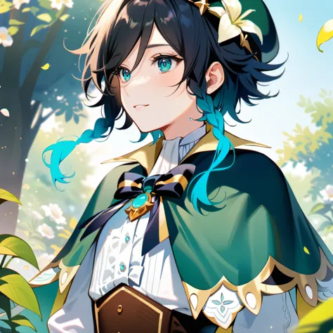 (best quality,4k,8k,highres,masterpiece:1.2),1boy,venti genshin impact,male focus,flat chest,ultra-detailed,realistic:.5,(dsmile:0.5),morning of spring,delicate light rays,rich color palette,elegant curves,effects of light and shadow,flower petals falling,...