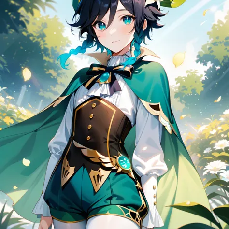 (best quality,4k,8k,highres,masterpiece:1.2),1boy,venti genshin impact,male focus,flat chest,ultra-detailed,realistic:.5,(dsmile:0.5),morning of spring,delicate light rays,rich color palette,elegant curves,effects of light and shadow,flower petals falling,...