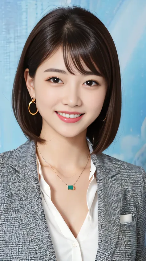 Highest quality:1.2), RAW Photos, High resolution, Very detailed, Intricate details, 、、ear piercing、、smile、Beautiful teeth alignment、Black Hair、Clear beauty,(High quality fabric, Office Lady Suits ）、Necklace around the neck、, The background is the office