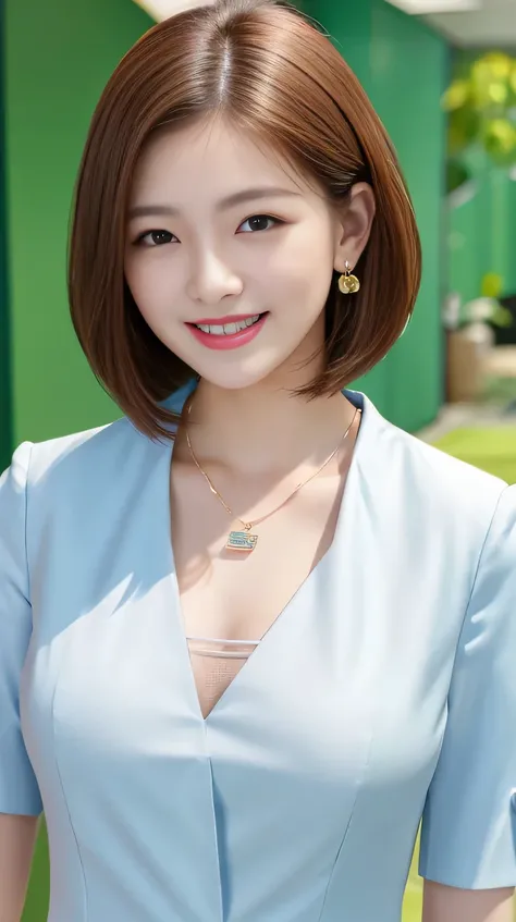 Highest quality:1.2), RAW Photos, High resolution, Very detailed, Intricate details, 、ear piercing、、smile、Beautiful teeth alignment、Short Haircut、Brown Hair、Clear beauty,(High quality fabric, Office Lady Suits ）、Necklace around the neck、, The background is...