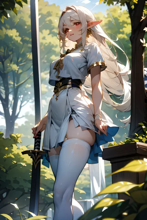 ((Best quality)), ((masterpiece)), (detailed), fantasies, Elf, White dress, gold bow, white stockings, long hair, Red eyes, white pupils, glare on both sides, costs, Maternal Care, , warrior, In the woods, sword in hand