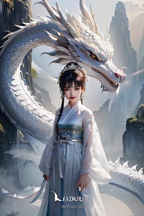 Aravud image of a girl in a white dress standing in front of a dragon, Chinese Fantasy, the Dragon Girl portrait, Dragon Girl, Chinese Girl, palace ， Girl wearing Hanfu, White Hanfu, xianxia fantasy, Ross Tran 8k, Fantasy Characters Photos, Beautiful digit...