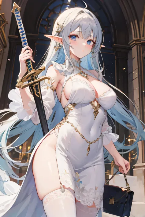 ((Best quality)), ((masterpiece)), (detailed), fantasies, Elf, long white dress, stockings, sword in hand, bag