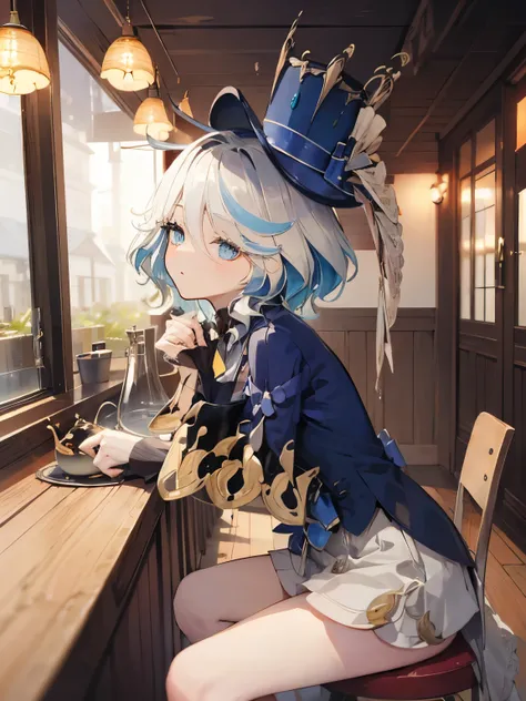 Sitting in a chair、Crossing your legs、Drinking tea、One eye open、Looking at this、tall、Blue Top Hat、bar counter、profile、High angle、Tea cup、Teapot、tea time、Wooden room、Face only、Sigh、