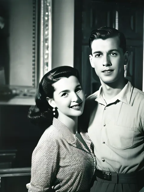 Black and white 1950s European couple photo, facing front, very high quality