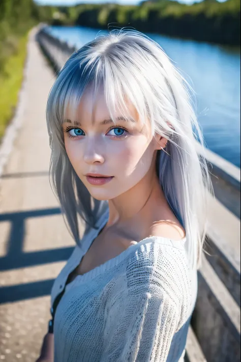 (4K), (Highest quality), (Best details), (Realistic)、Scandinavian landscape、Beautiful Finnish girl wandering on a bridge、Disheveled Hair、、Frugal makeup、Silver Hair、Blue Eyes、