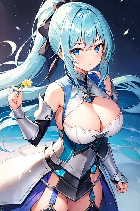 1 girl、silver ponytail、knight、Less Armor、Blue and green decoration、V-Line、Expose、Bigger breasts