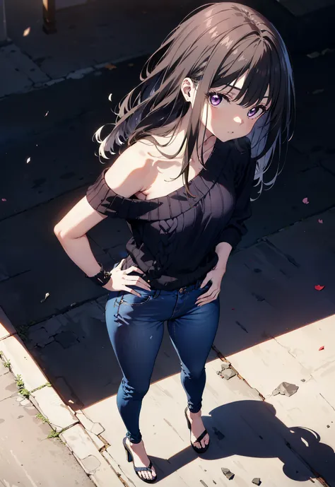 Takiuchikami, Long Hair, bangs, Black Hair, (Purple eyes:1.2),Baseball hats,Blue one-shoulder sweater,Skinny jeans,Stiletto heels,Place one hand on hip,Are standing,whole bodyがイラストに入るように,Daytime,
break outdoors, In town,
break looking at viewer, whole body...