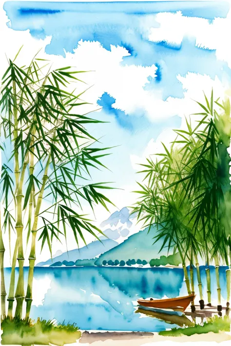 Write Portrait Fresh Bamboo tree beside right the lake on Fresh blue sky day watercolor