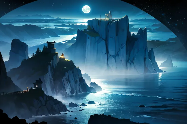 ((Overlooking)) , ((Mysterious Night Island)), ((Helicopter shot)), (İSLAND), 
mysterious, night, full moon, starlight, Quiet Sea, Blue light, Island silhouette, Wave, Fantasy, Blue Mist, (Ancient stone carvings), Shining Water Surface, light in the darkne...