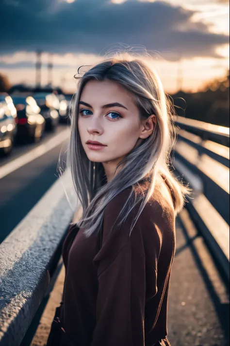 (4K), (Highest quality), (Best details), (Realistic)、Cloudy、Blood-colored sunset、dark、Scandinavian landscape、Beautiful Norwegian girl wandering on a bridge、Disheveled Hair、、Frugal makeup、Silver Hair、Blue Eyes、Something like Munch&#39;s Scream