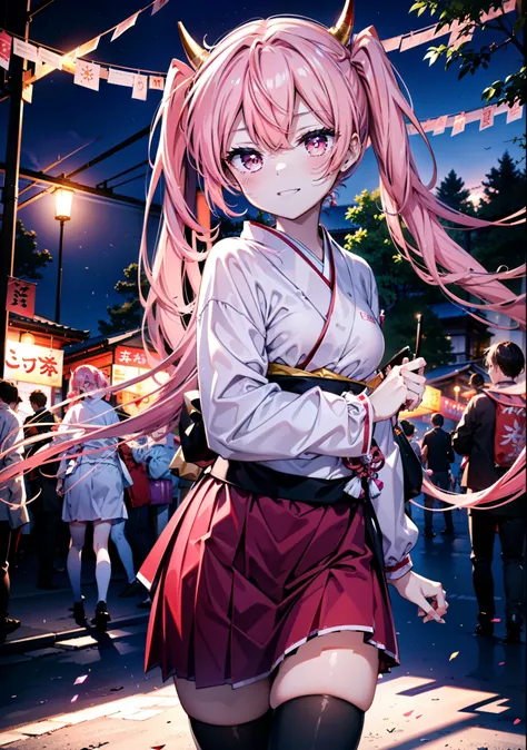 Aria h kanzaki,horn,Pink Hair,Long Hair,low 　Twin tails,Red eyes,happy smile, smile, Open your mouth,pink kimono,Thick sleeves,日本のfestival,夏festivalの屋台,Red Lantern,night,night空のfirework,firework,場所はfirework大会,時間はnightです,sunny day,turn around,as if,walk,　　　...