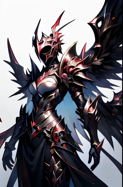 female angel with large armor wings and dark mask