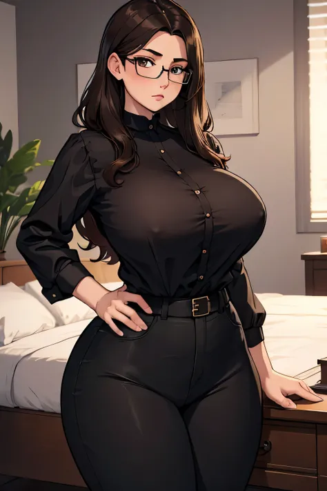 absurdres, high res, ultrasharp, 8K, masterpiece, 1girl, long hair, , no bangs, dark brown hair, curvy huge breasts, glasses, secretary outfit, big tits buttoned-up braless blouse, formal look, tight pants, braless blouse, big tits
