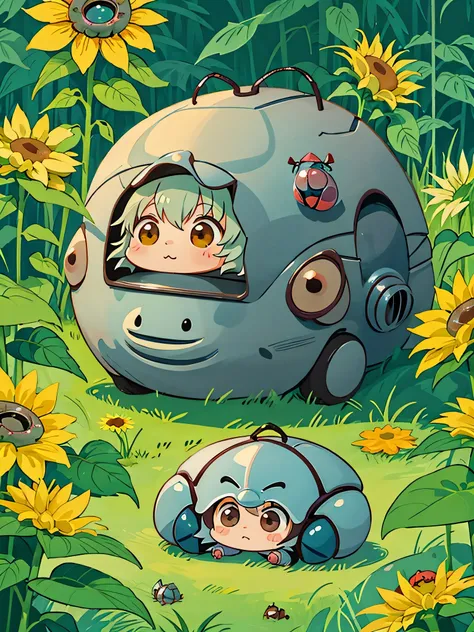 hayao miyazaki style, Kawaii Design, The most beautiful girl of all time、chibi, (((Cute pillbug))), sunflowers