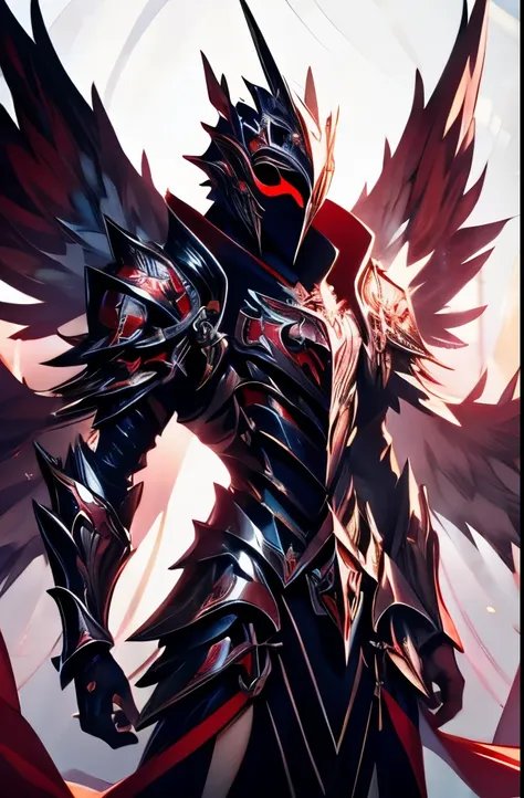 female angel with large armor wings and dark mask