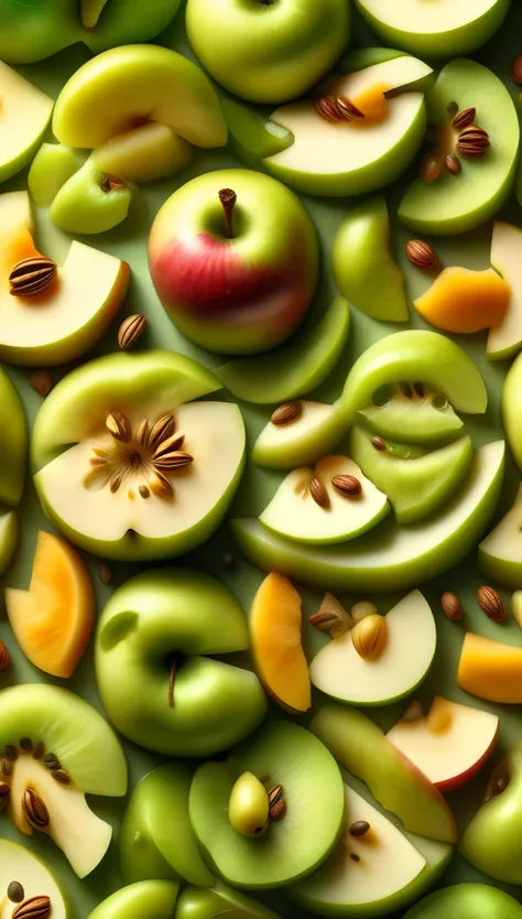 a close-up of a sliced green apple,juicy interior,crisp,seeds,soft shadow,photorealistic,4k,ultra-detailed,natural lighting,fres...