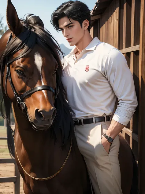 portrait headshot of a A tall handsome 27 year old man in a red and white long sleve polo shirt and white ridding pants and knee length  black boots. Holding a black horse by the harness with his left hand. He has black hair with a 70s-Inspired Shag brown ...