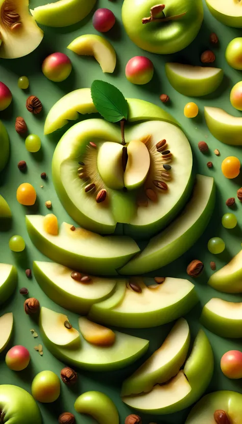 a close-up of a sliced green apple,juicy interior,crisp,seeds,soft shadow,photorealistic,4k,ultra-detailed,natural lighting,fres...