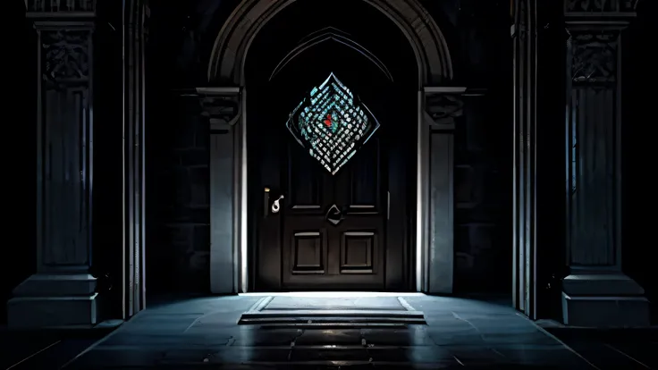 In the darkness without light, there is only one door in the darkness, massive and heavy, the door is closed but a little light is leaking through the gap, the background is dark, the door is engraved with a detailed pattern