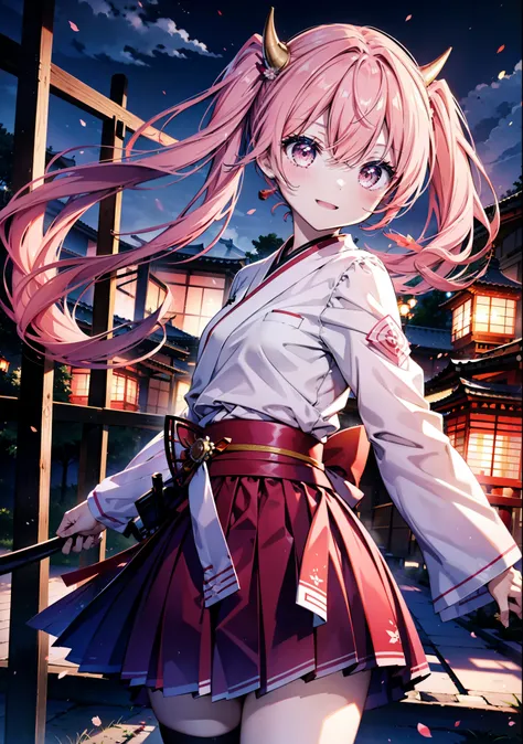 Aria h kanzaki,horn,Pink Hair,Long Hair,low 　Twin tails,Red eyes,happy smile, smile, Open your mouth,pink kimono,Thick sleeves,Long skirt,日本のfestival,夏festivalの屋台,Red Lantern,night,night空のfirework,firework,場所はfirework大会,時間はnightです,sunny day,turn around,as ...