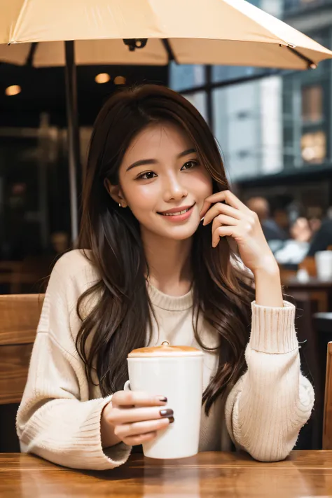 A woman enjoying a cup of coffee in a cafe on a rainy day