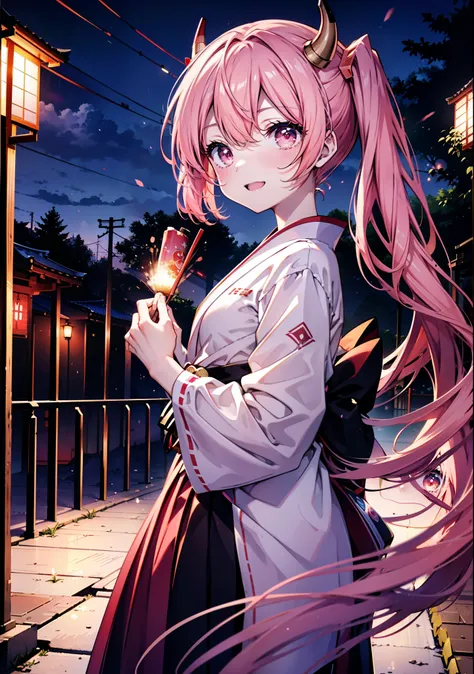 Aria h kanzaki,horn,Pink Hair,Long Hair,low 　Twin tails,Red eyes,happy smile, smile, Open your mouth,pink kimono,Thick sleeves,Long skirt,日本のfestival,夏festivalの屋台,Red Lantern,night,night空のfirework,firework,場所はfirework大会,時間はnightです,sunny day,turn around,as ...