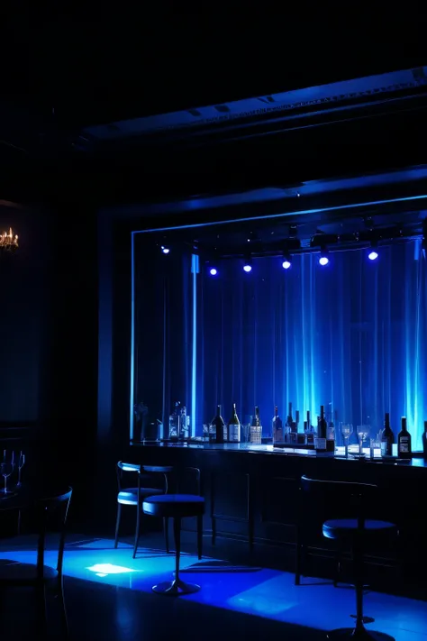 Cabaret with blue lights without anyone, with several alcoholic drinks on the floor  