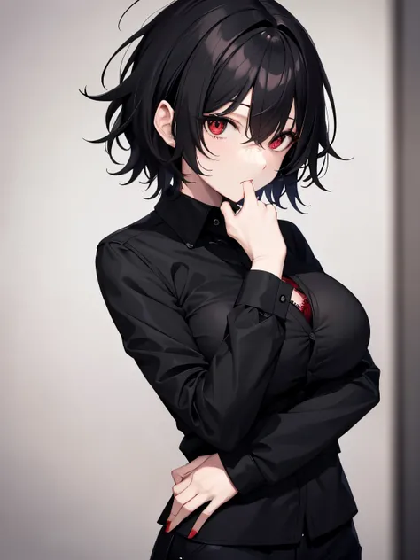 solo, (mature female:0.7), (pale skin:0.8), red eyes, black hair, (wavy hair:0.1), messy hair, short hair, medium hair, hair between eyes, wolfcut, breasts, black jacket, black shirt, red bra, black pants