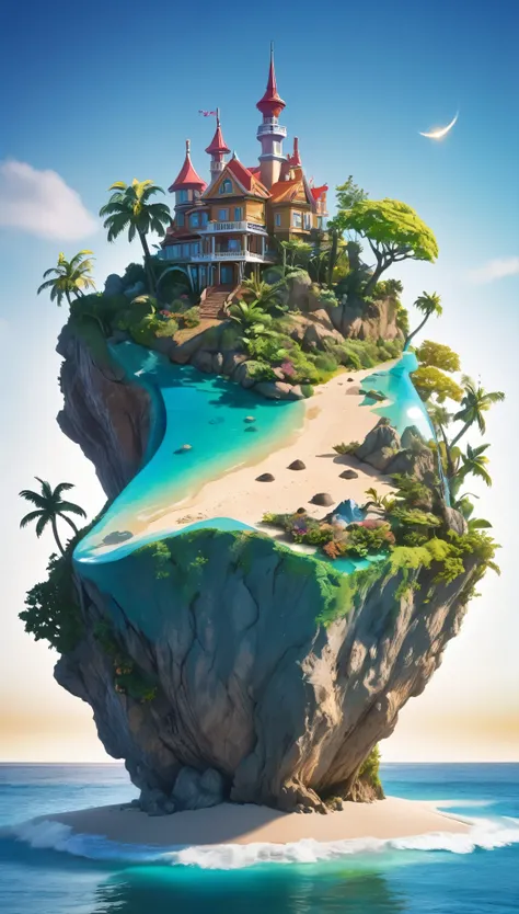 ((Mysterious Island:1.2)), small world, isolated, Distorted world, Sandy beach and island in a miniature garden, (((Unnatural Nature))), Abundant natural energy, colorful reflections, Light and shadow with attention to detail, refraction，Background Blur, A...