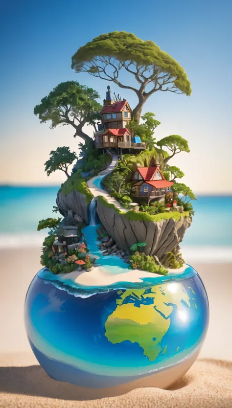 ((Mysterious Island:1.2)), small world, isolated, Distorted world, Sandy beach and island in a miniature garden, (((Unnatural Nature))), Abundant natural energy, colorful reflections, Light and shadow with attention to detail, refraction，Background Blur, A...