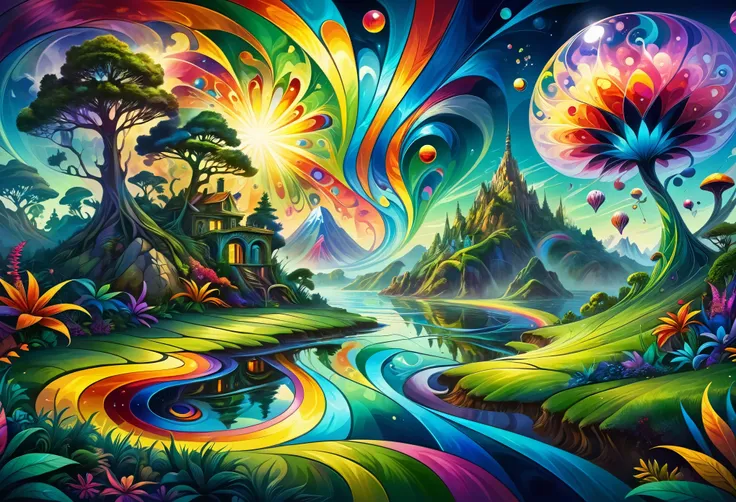 (((Mysterious Island, Distorted world, Untouched nature))), Controlling time and space, Overflowing natural energy, Energy Ripples, Distorted grass background, (Beautiful LSD art:1.3), Psychedelic Trance, (Crystal luminescence:1.1), Energy merges and vibra...