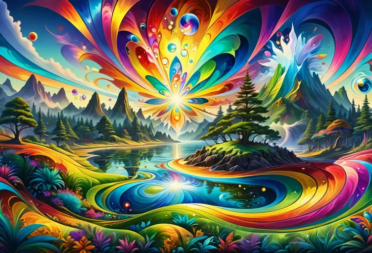 (((Mysterious Island, Distorted world, Untouched nature))), Controlling time and space, Overflowing natural energy, Energy Ripples, Distorted grass background, (Beautiful LSD art:1.3), Psychedelic Trance, (Crystal luminescence:1.1), Energy merges and vibra...