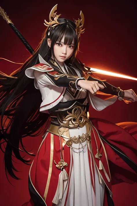 Masterpiece, best quality, asian girl , black long hair, looking at viewer, ancient chinese dress, chinese sword, armor, standing pose, perfect lighting , dynamic pose, fighting stance , full body , intricate