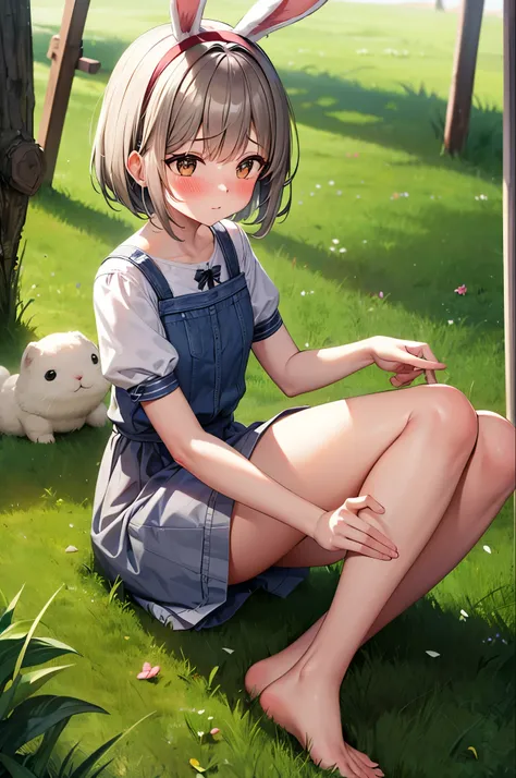 ((masterpiece, Highest quality)),One girl, alone, animal ears, Rabbit, barefoot, skirt, Sitting, Rabbit ears, Short sleeve, (teasing, shy, blush: 1.3), Looking at the audience, Grass, short hair, Gray Hair, Puff sleeves, Outdoor, fluffy Short sleeve, bangs...