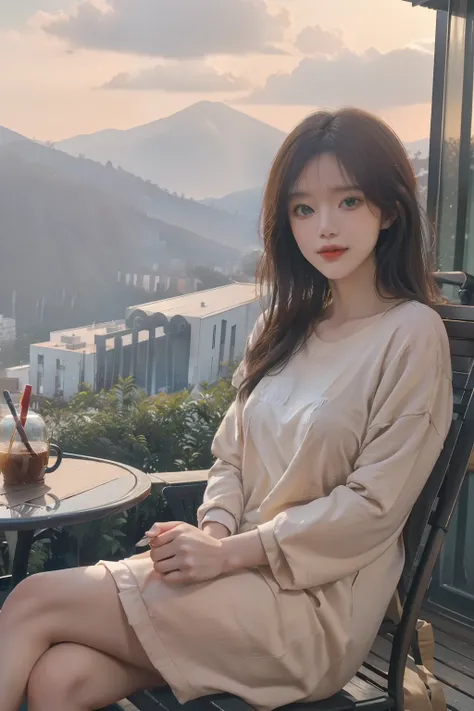 ((best quality)), ((masterpiece)), (detailed), beautiful woman is sitting relaxing on the terrace of the house while enjoying coffee and snacks, Wear polite, casual clothes at home, green and expansive natural views as well as blue skies and mountains, lig...