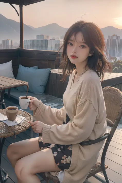 ((best quality)), ((masterpiece)), (detailed), beautiful woman is sitting relaxing on the terrace of the house while enjoying coffee and snacks, wear polite, casual clothes on the rooftop, green and expansive natural views as well as blue skies and mountai...