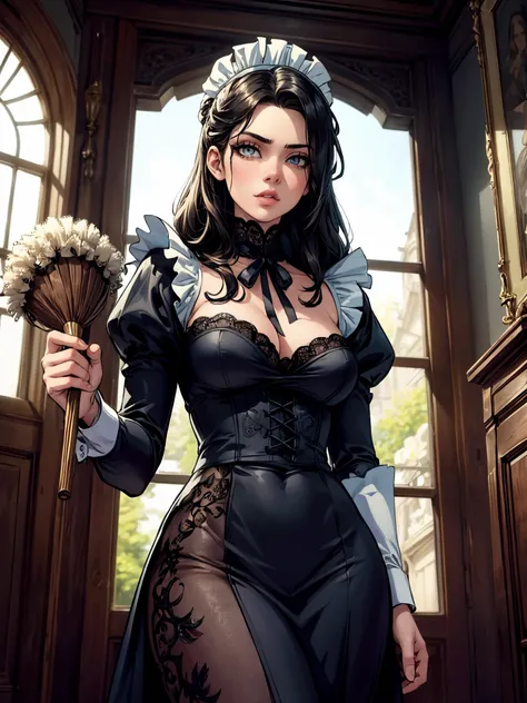 Maid Outfit, a beautiful maid with long flowing hair, detailed eyes, detailed lips, extremely detailed face, long eyelashes, intricate maid uniform with lace and ribbons, holding a feather duster, standing in a luxurious victorian-style room, window light,...