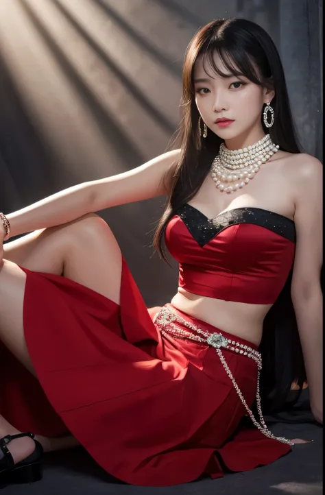 Facial lighting,Bright backlight,Medium chest,Ultra-high resolution,Highest quality,photograph,4K,(Realistic:1.2),NVDI,1 Girl,alone,Black Hair,(Red long skirt:1.1),Long Hair,Pearls and gems,Bare shoulders,Pelvic Curtain,Spread your legs wide,
