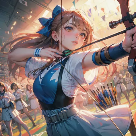  masterpiece, (textured skin), best quality, gorgeous beautiful girl, (a female archery athlete), detailed clothes,large breasts,narrow waist,, (beautiful face), cinematic lighting, (at archery venue ),