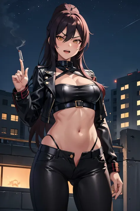 1girl, shirase sakuya, high ponytail, long hair, blush, lipstick, Hot girl, baddie, staring, glaring, bad attitude, mean girl, dare, angry, hate, crazy, smoking, sensual, attractive, outdoors, rooftop, cityscape, building, railing, night, night sky, scener...