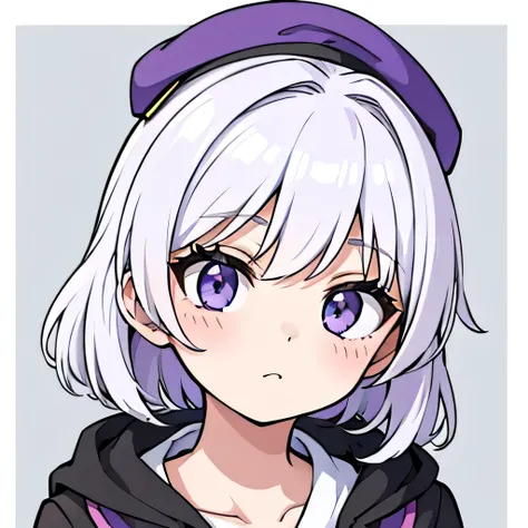 cheveux blanc et violet￼, style à le personnage Crunchyroll, avec fond blanc 