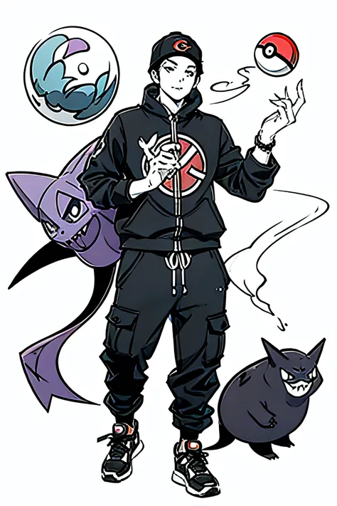 pokemon trainer, goth outfit, gengar trainer, ghost trainer, Full body, holding pokeball, pokemon, 1 boy, naughty man