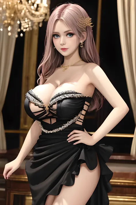 1girl is wearing an elegant black strapless dress. The dress is beautifully designed with ruching on the bodice and a cascading ruffled asymmetrical hem, adding a playful and chic touch to the outfit. The person is standing upright, with one hand gently to...